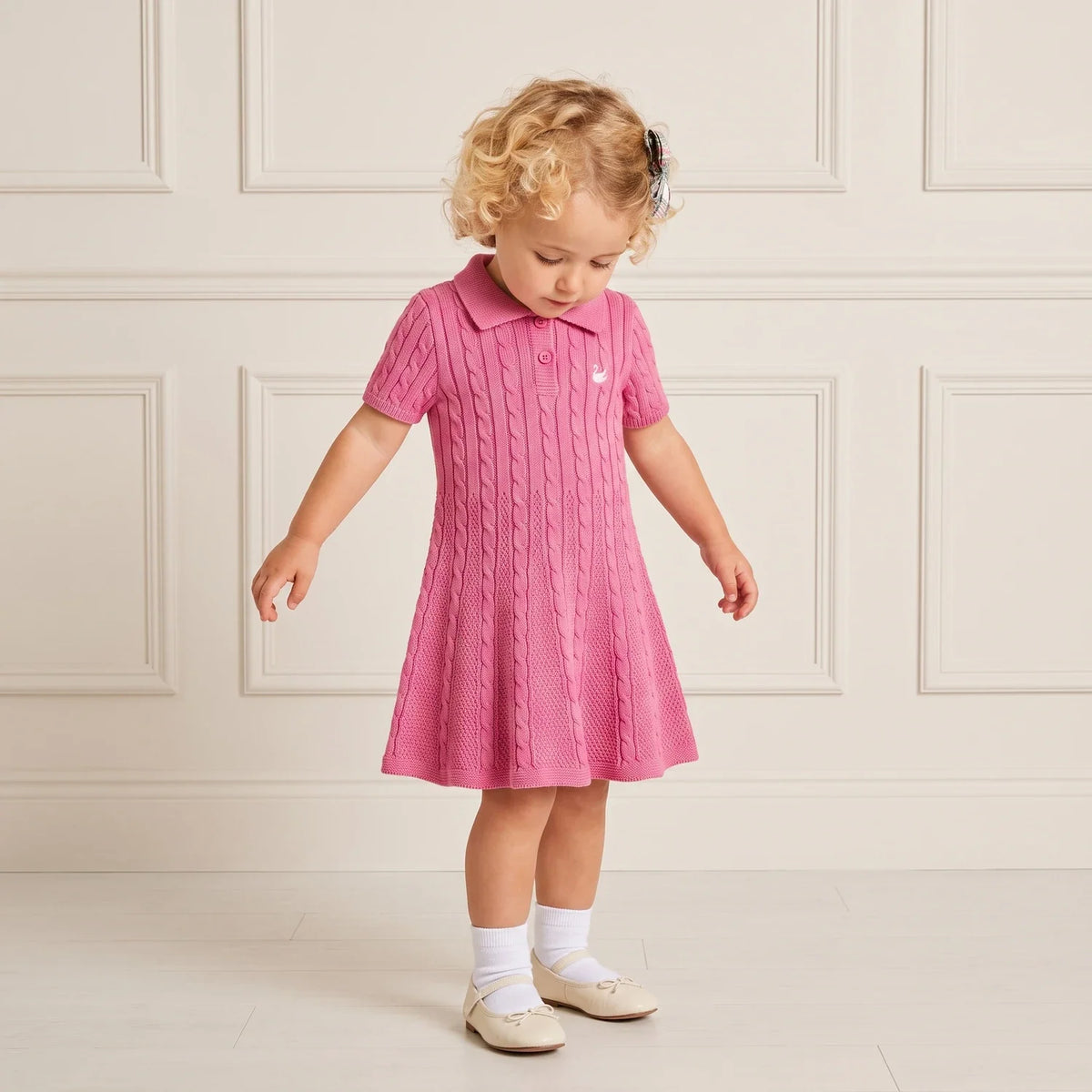 Cable Knit Polo Dress in Rose Pink