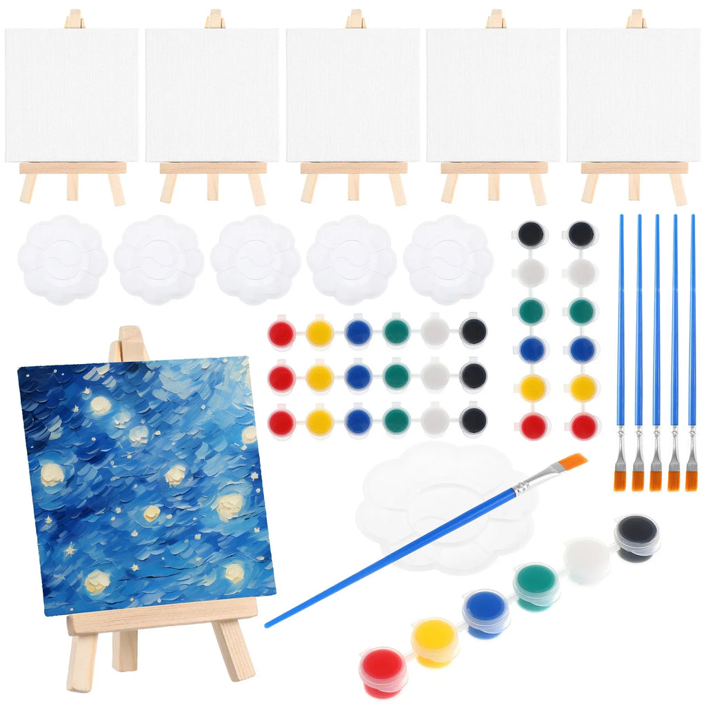 6-Set Mini Canvas Painting Kit – Small Easel Boards, Brushes & Palette for Adults, Travel Art Supplies