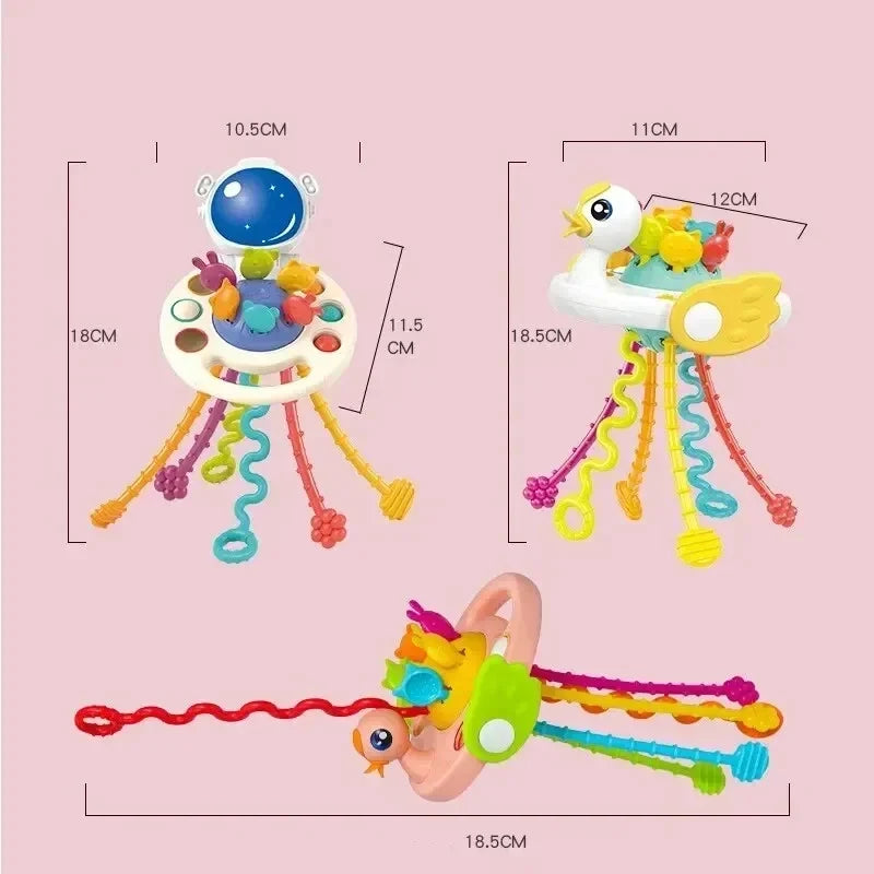 Cartoon Duck Astronaut Pull-String Montessori Sensory Toy – Silicone Teether & Grip Trainer for Babies & Toddlers