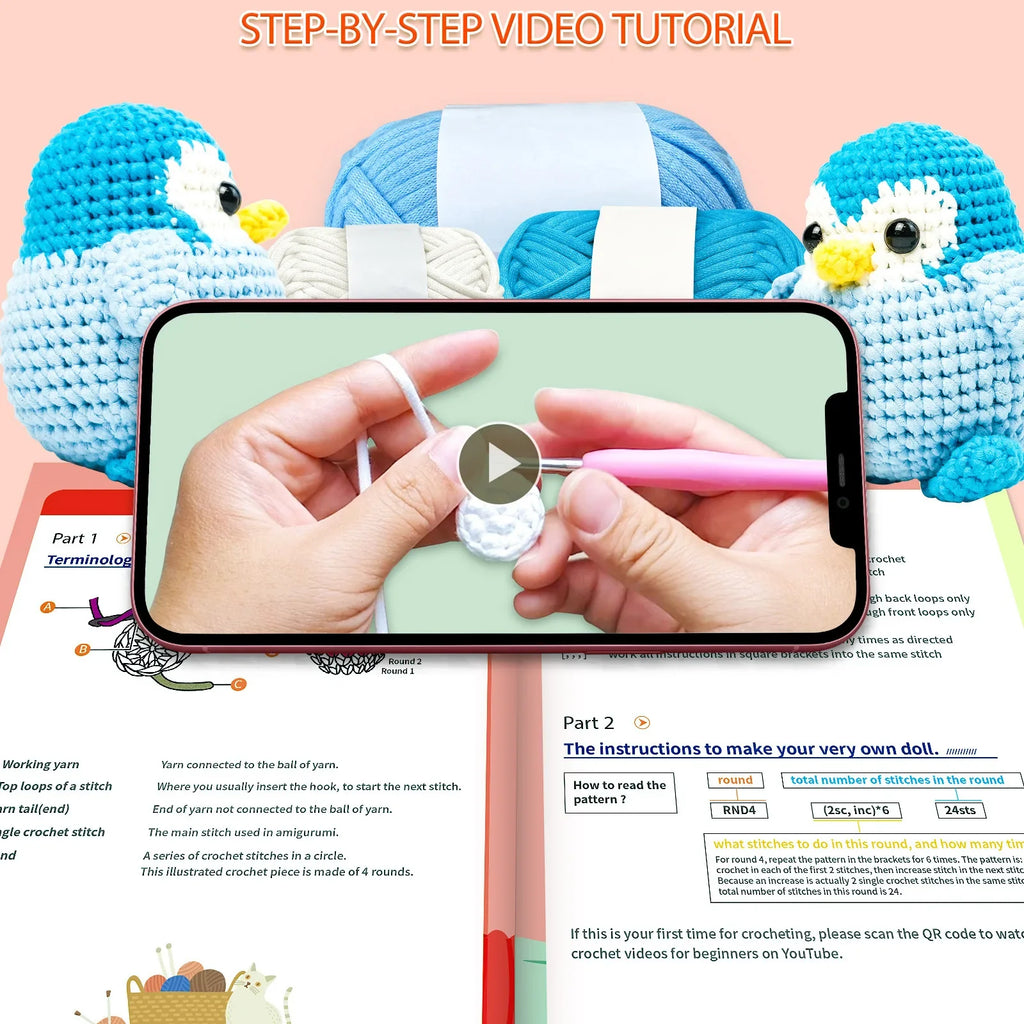 Penguin Crochet Kit for Beginners Crochet Kit for Adults and Children Easy Yarn, with Instruction Manual and Video Tutorial