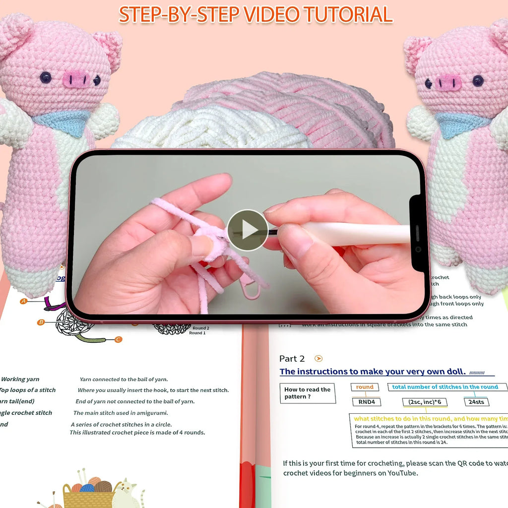 DIY Pink Pig Crochet Kit Supplies, Accessories Including Yarn Hook -with Step-by-Step Video Tutorials