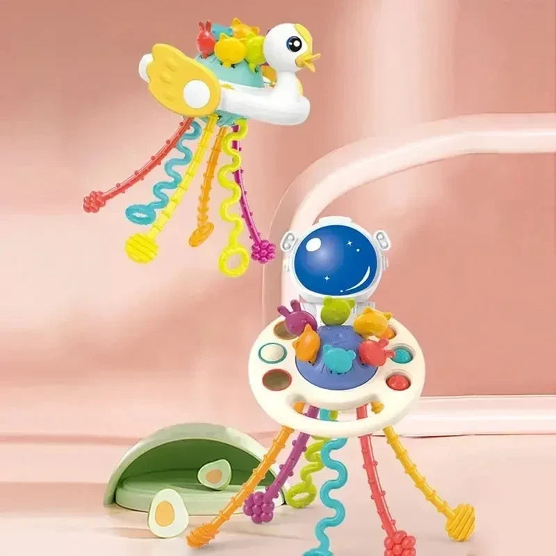 Cartoon Duck Astronaut Pull-String Montessori Sensory Toy – Silicone Teether & Grip Trainer for Babies & Toddlers