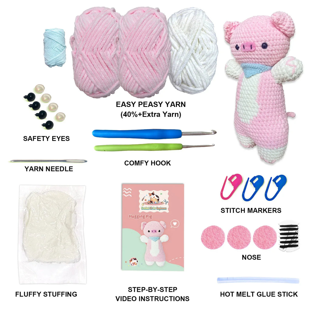 DIY Pink Pig Crochet Kit Supplies, Accessories Including Yarn Hook -with Step-by-Step Video Tutorials