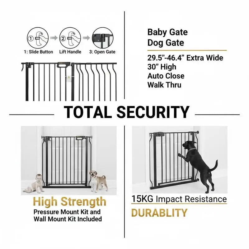 Baby Gate, 29.5"-46.4" Extra Wide, 30" High, Dog Gate for Stairs Doorways and House, Easy Step Walk Thru Auto Close Child Gate Pet Security Gate with Pressure Mount Kit and Wall Mount Kit, Black