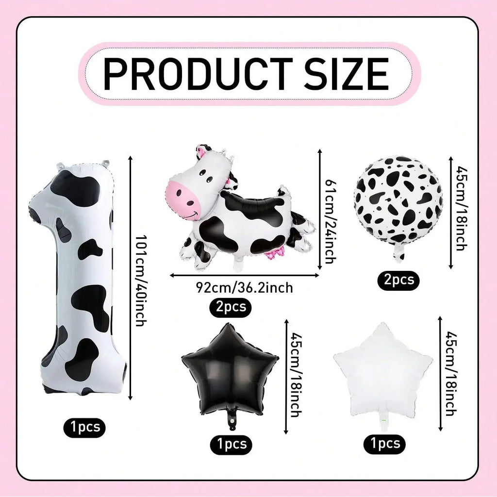 7pcs Big Cow Balloon Set 40 inch Black White Number 0-9 Foil Balloons | Farm Animal Birthday Party Decor