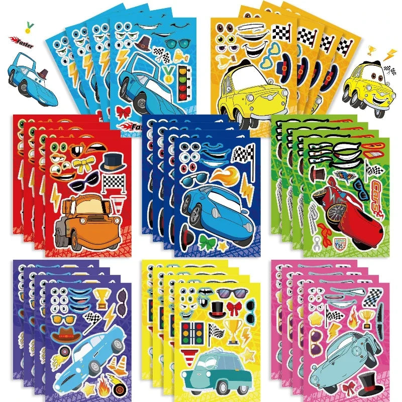 16Sheets Cars Lightning Mcqueen  Make Your Own Face DIY Puzzle Stickers Party Favors Kids Toys Birthday Gifts