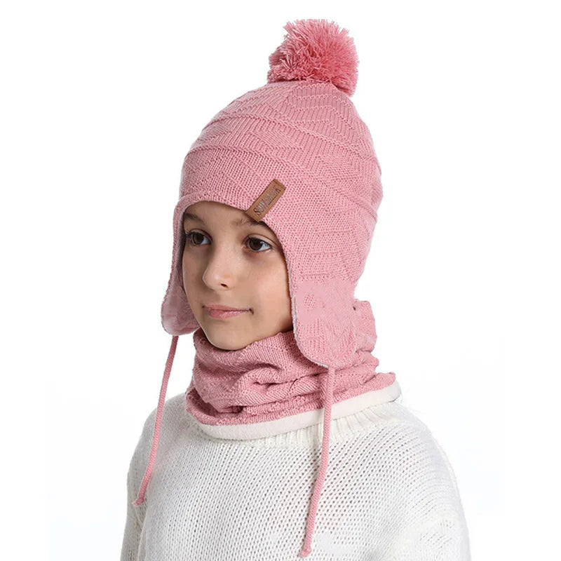 4Pcs Baby Winter Hat, Scarf & Gloves Set – Fleece Knitted Infant Bonnet, Beanie Hats, Neck Warmer & Mittens with Pompom for Kids (S/L)