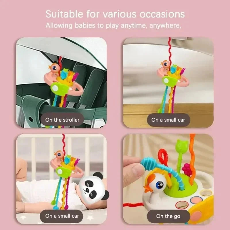 Cartoon Duck Astronaut Pull-String Montessori Sensory Toy – Silicone Teether & Grip Trainer for Babies & Toddlers