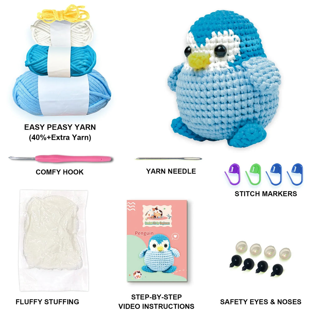 Penguin Crochet Kit for Beginners Crochet Kit for Adults and Children Easy Yarn, with Instruction Manual and Video Tutorial