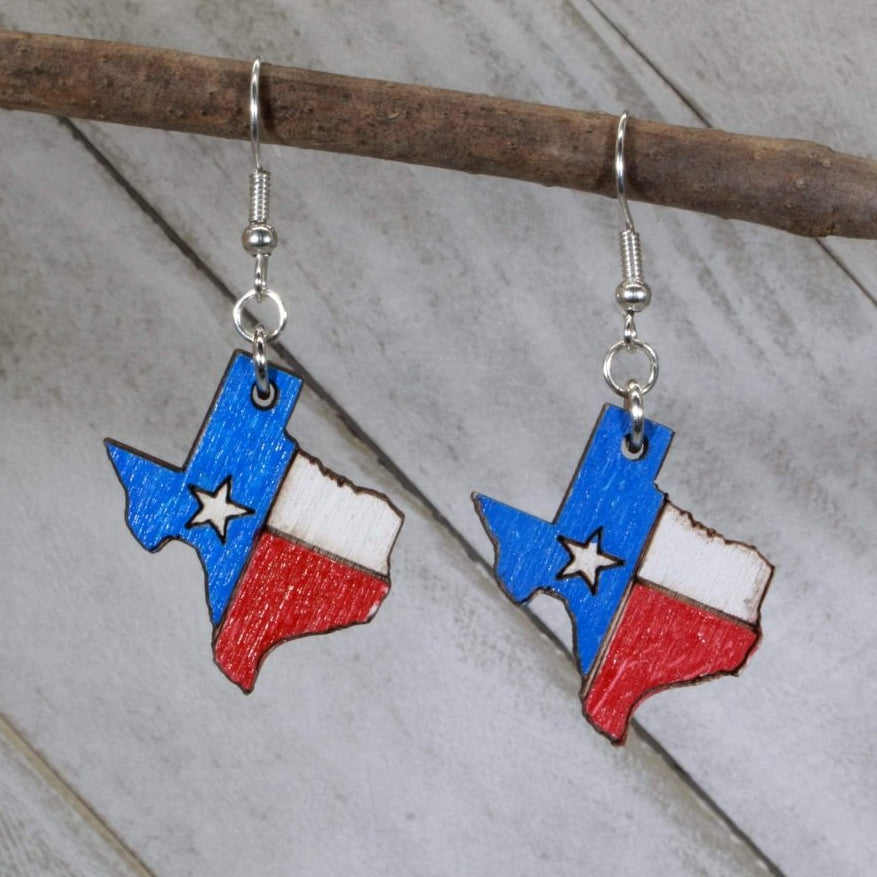 Texas State Flag Wooden Dangle Earrings | Patriotic Jewelry