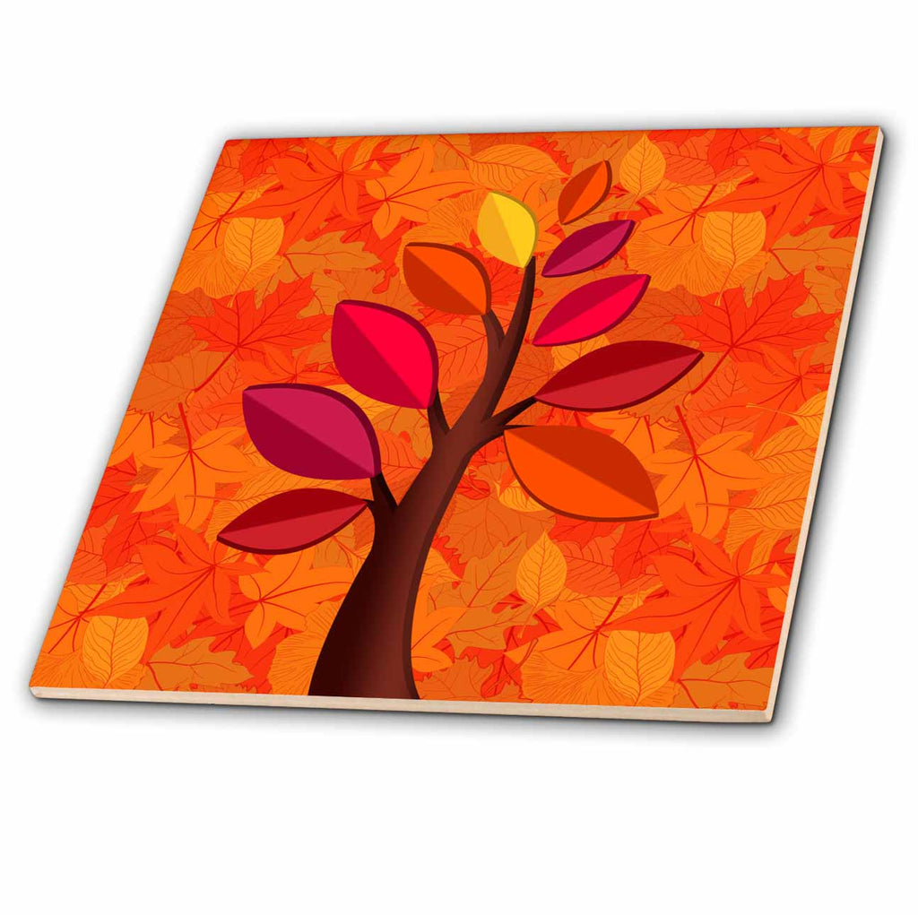 3dRose Doreen Erhardt Autumn Collection - Autumn Leaf Background in Orange Golds and Reds with Fall Tree - Tiles (ct_202990)