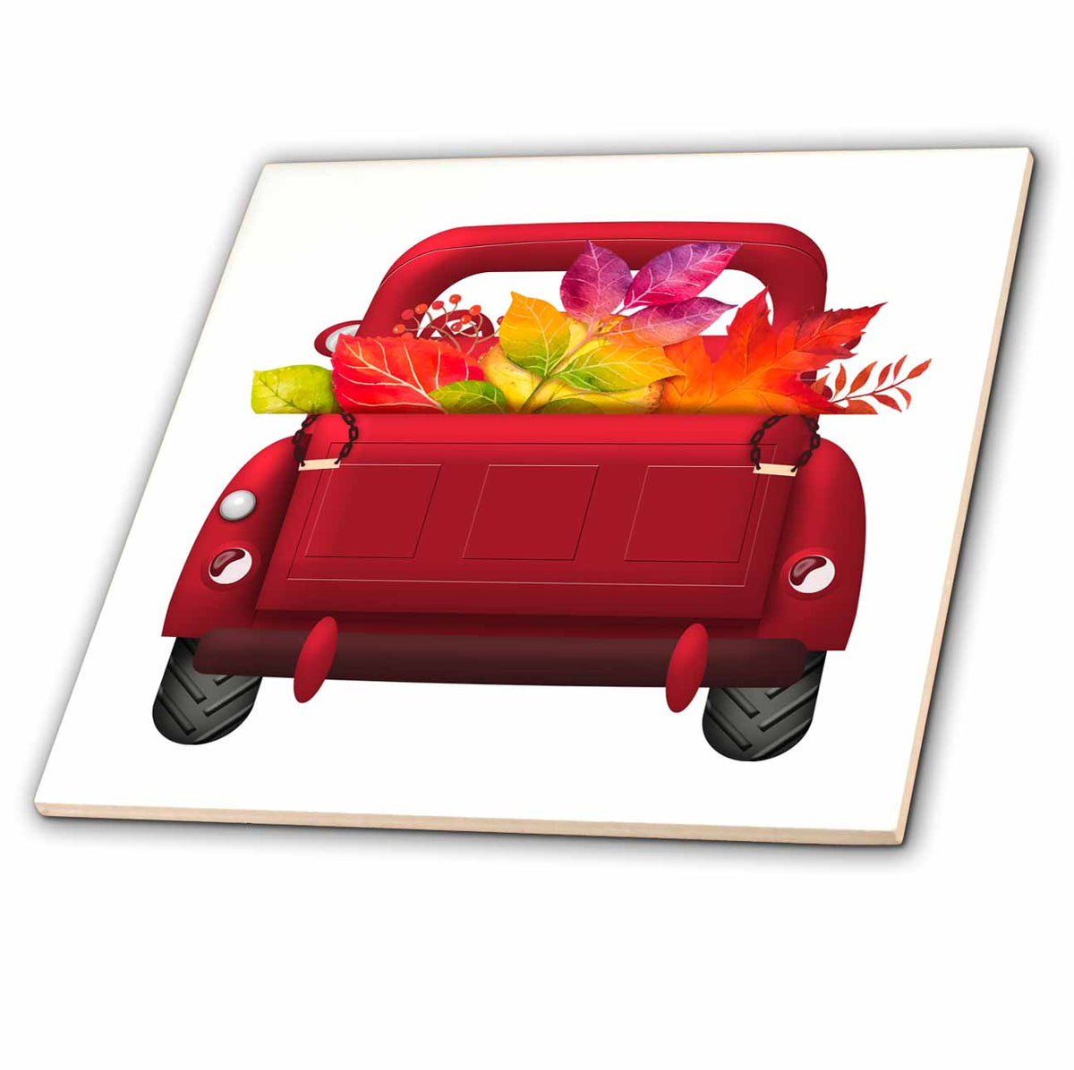 3dRose Cute Fall Red Truck Full of Autumn Leaves Illustration - Tiles (ct_327372)