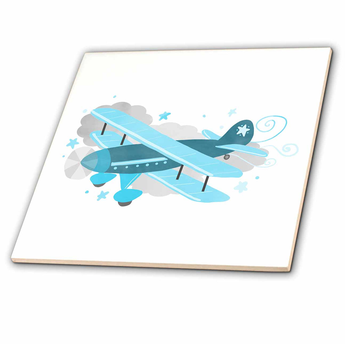 3dRose Janna Salak Designs Kids Stuff - Blue Biplane in The Clouds - Airplane - Tiles (ct_328195)