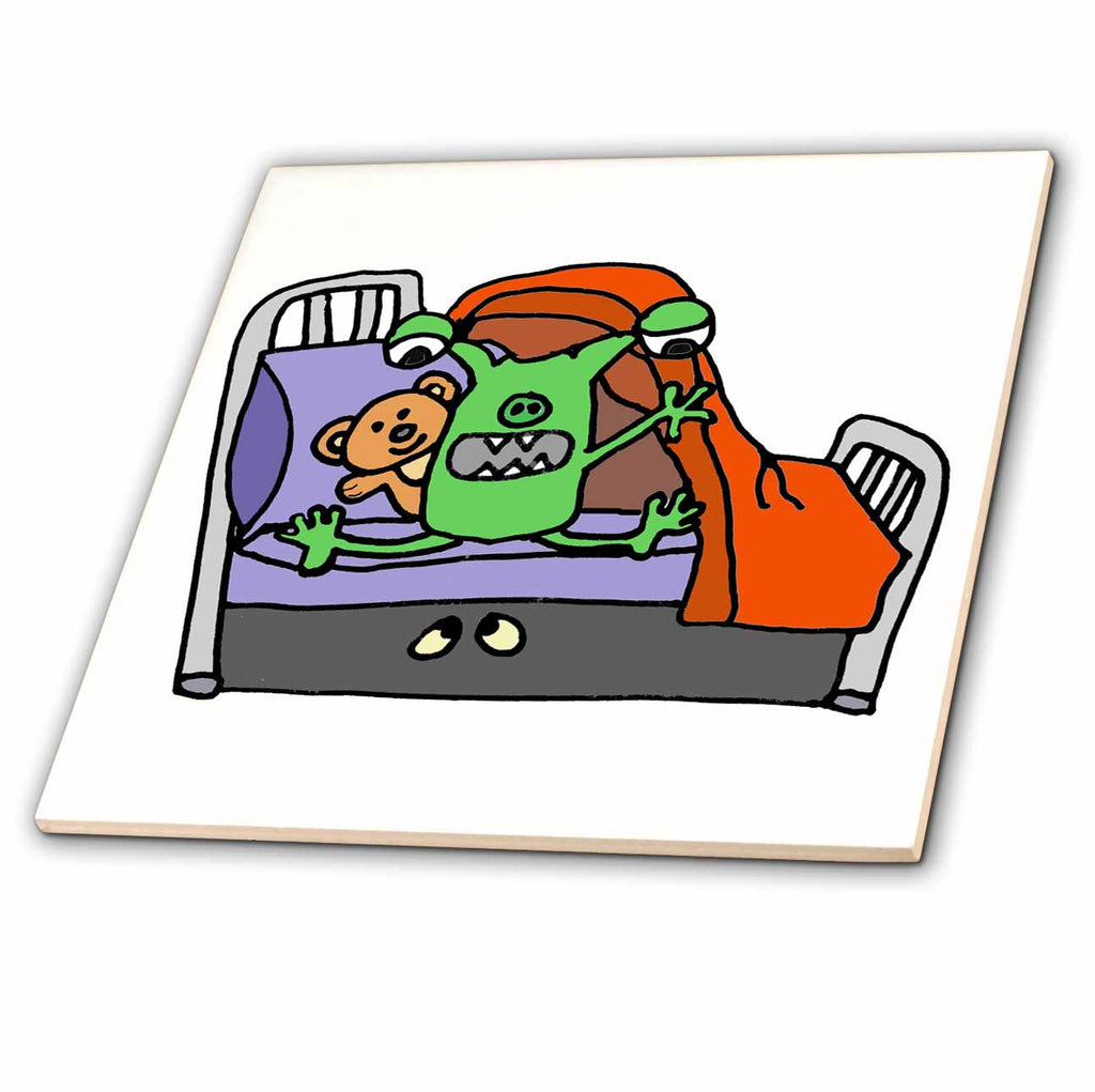 3dRose Funny Green Monster Kid with Teddy Bear Afraid of Whats Under Bed - Tiles (ct_342276)