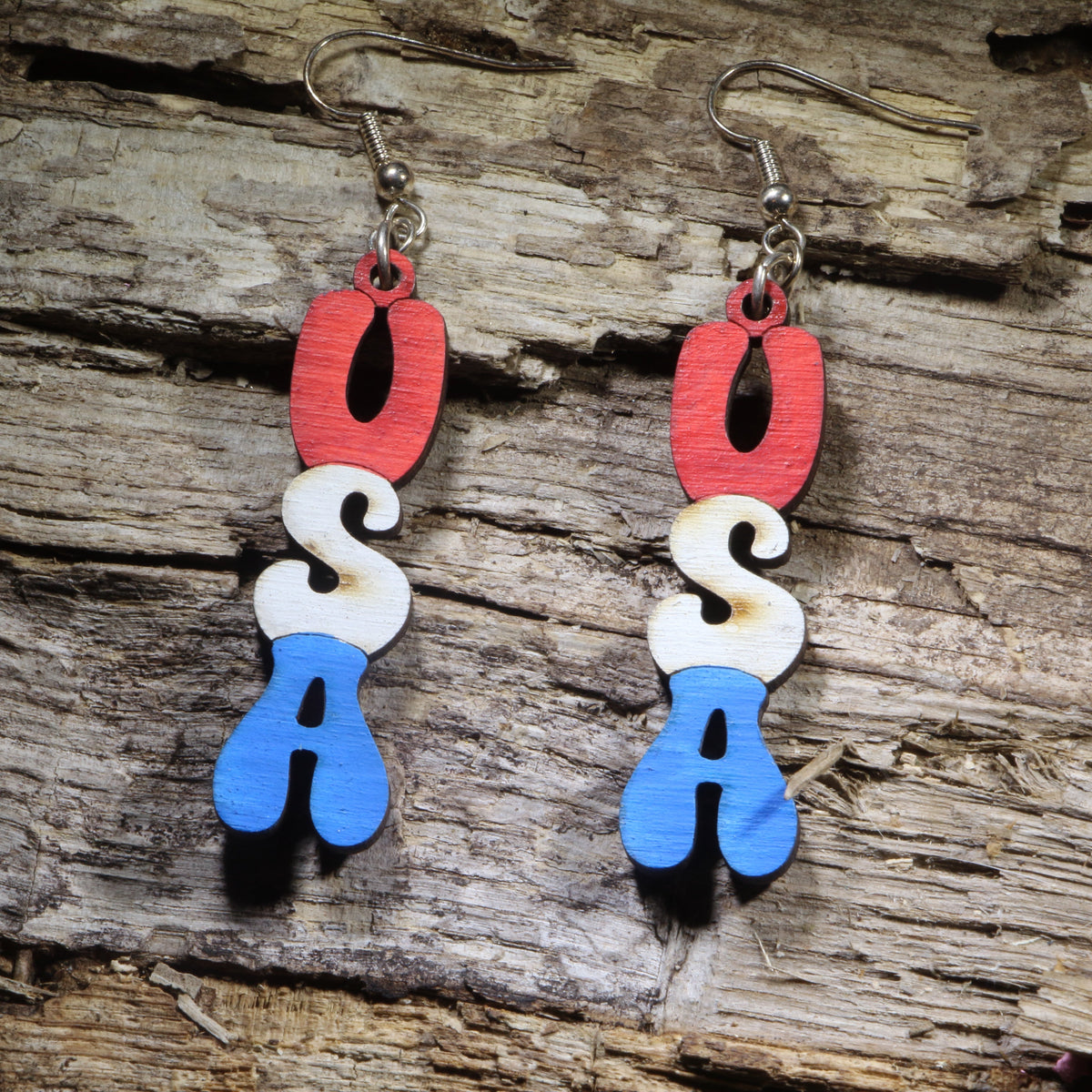 USA Wooden Dangle Earrings | Patriotic American Jewelry