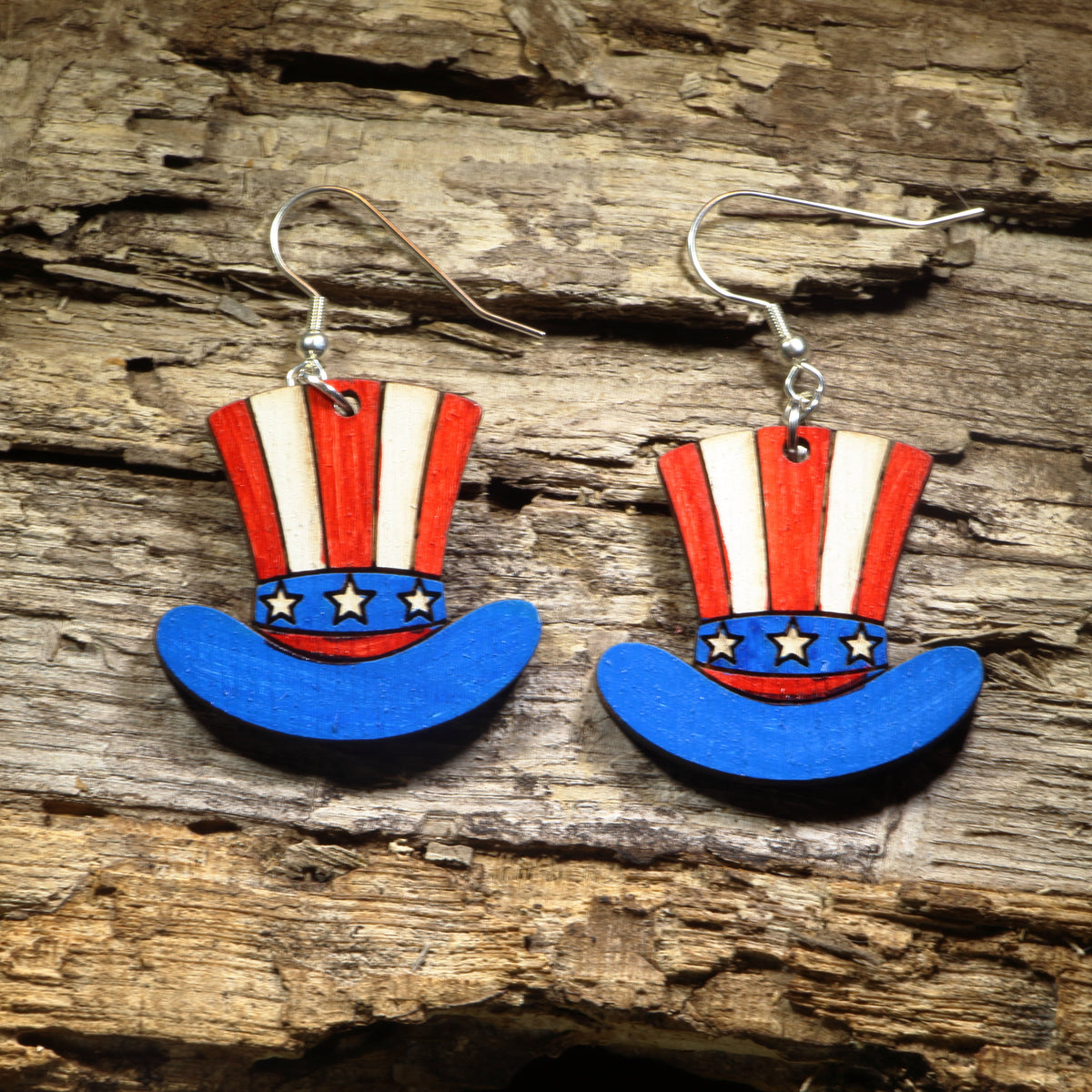 Uncle Sam Hat Wooden Dangle Earrings | Patriotic Americana Jewelry