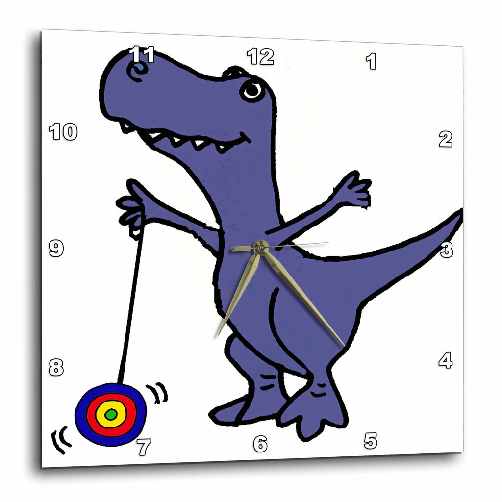 3dRose All Smiles Art Sports and Hobbies - Funny Blue T-rex Dinosaur Playing with Yoyo Cartoon - Wall Clocks