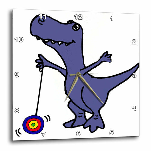 3dRose All Smiles Art Sports and Hobbies - Funny Blue T-rex Dinosaur Playing with Yoyo Cartoon - Wall Clocks