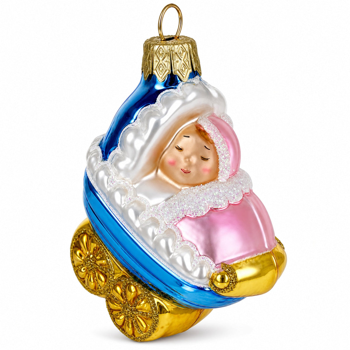 Newborn Baby Girl in a Stroller Glass Christmas Ornament