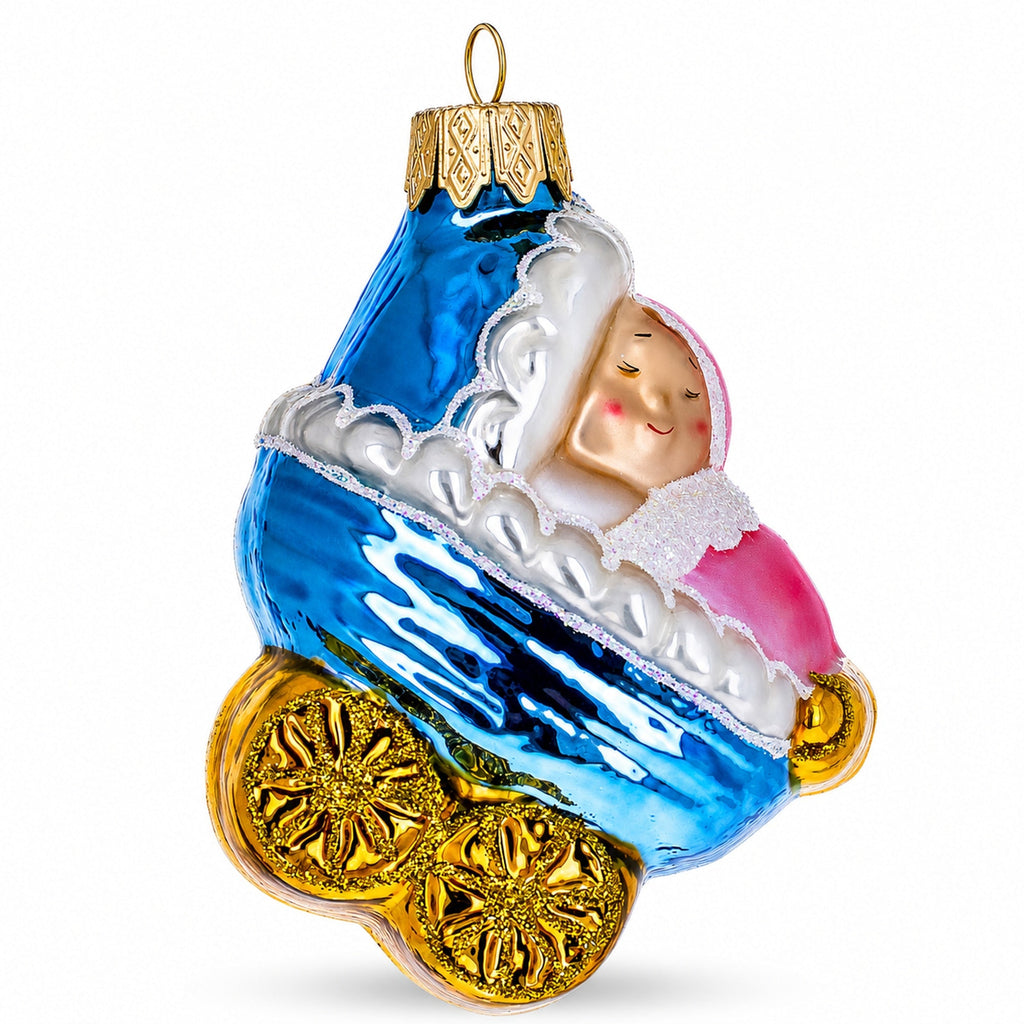 Newborn Baby Girl in a Stroller Glass Christmas Ornament