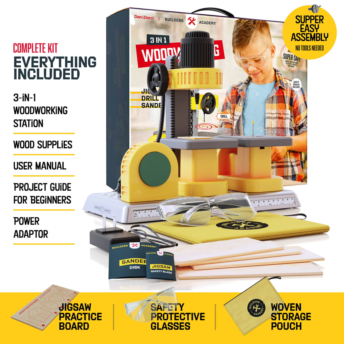 3-in-1 Woodworking Station for Kids Real Construction Tools