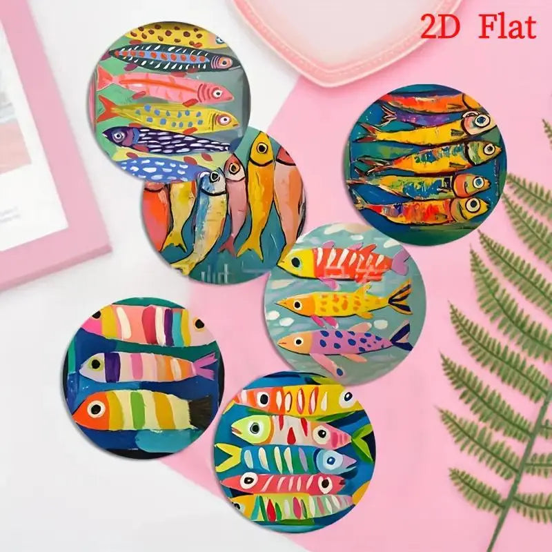6-piece Watercolor Round Wooden Coasters With Swimming Fish Designs