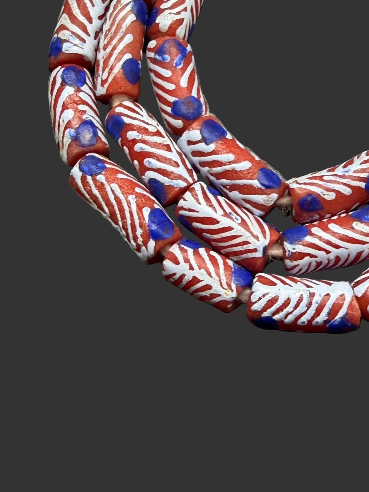 Painted Krobo Glass Beads | Red White & Blue Long Tube Beads | Handcrafted Ghana Recycled Glass Beads