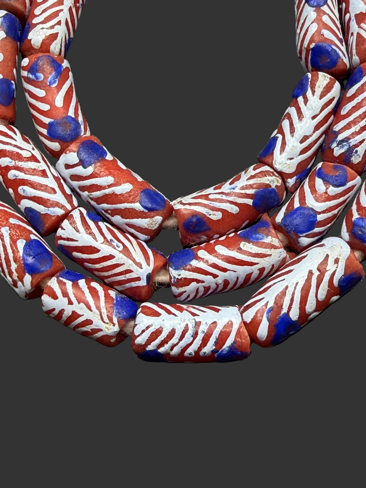 Painted Krobo Glass Beads | Red White & Blue Long Tube Beads | Handcrafted Ghana Recycled Glass Beads
