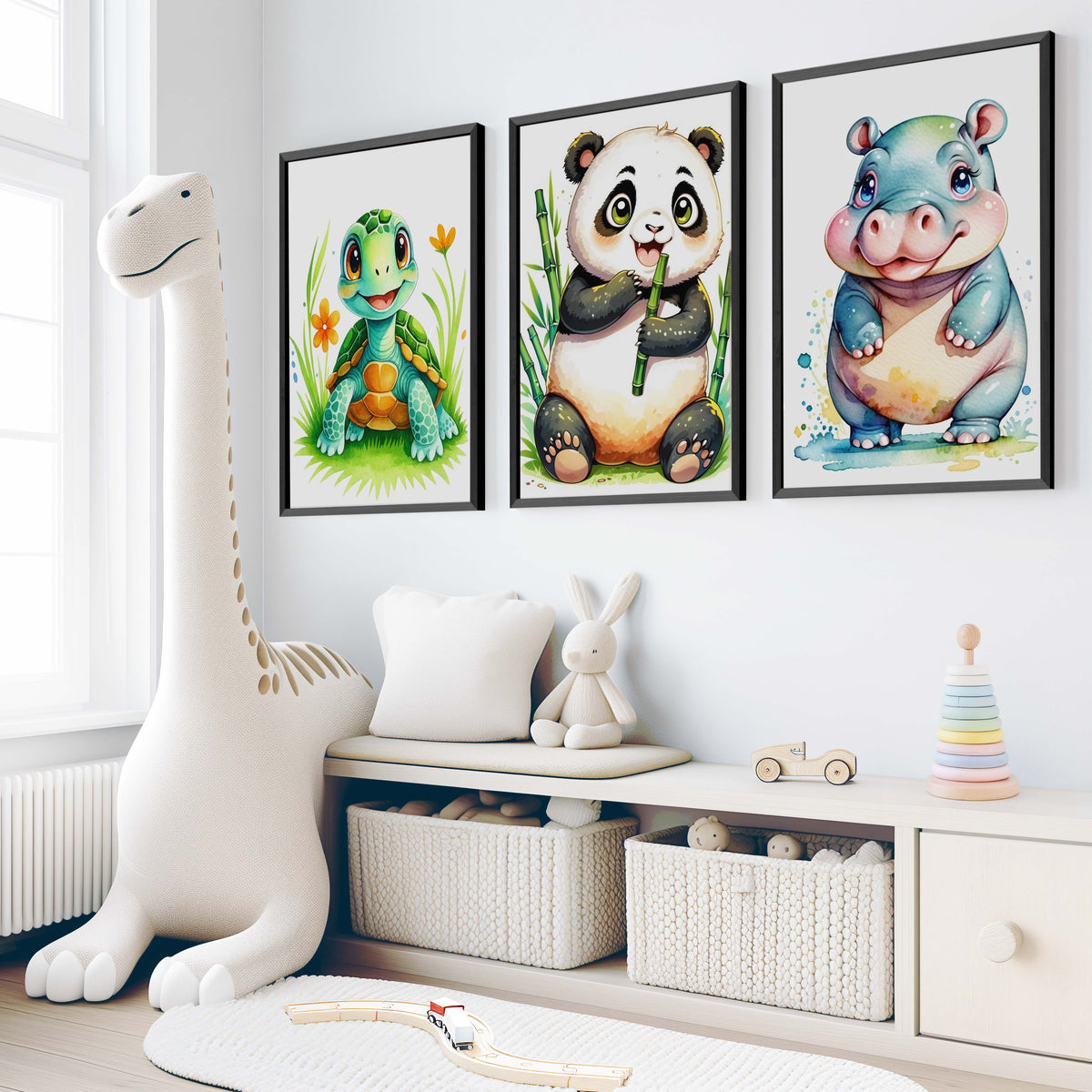 Animal Nursery Decor – Turtle, Panda & Hippo Set (3 Prints)