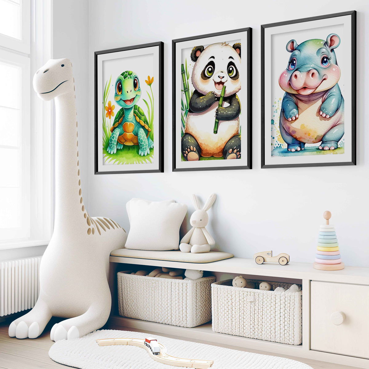 Animal Nursery Decor – Turtle, Panda & Hippo Set (3 Prints)