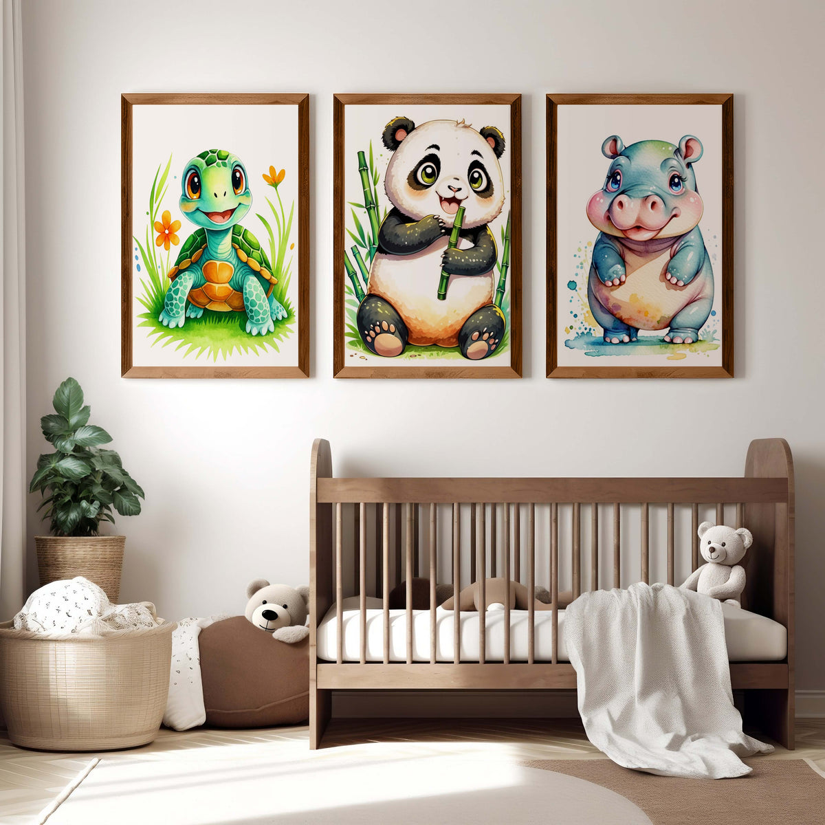 Animal Nursery Decor – Turtle, Panda & Hippo Set (3 Prints)