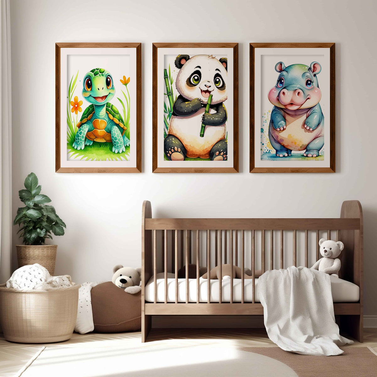 Animal Nursery Decor – Turtle, Panda & Hippo Set (3 Prints)