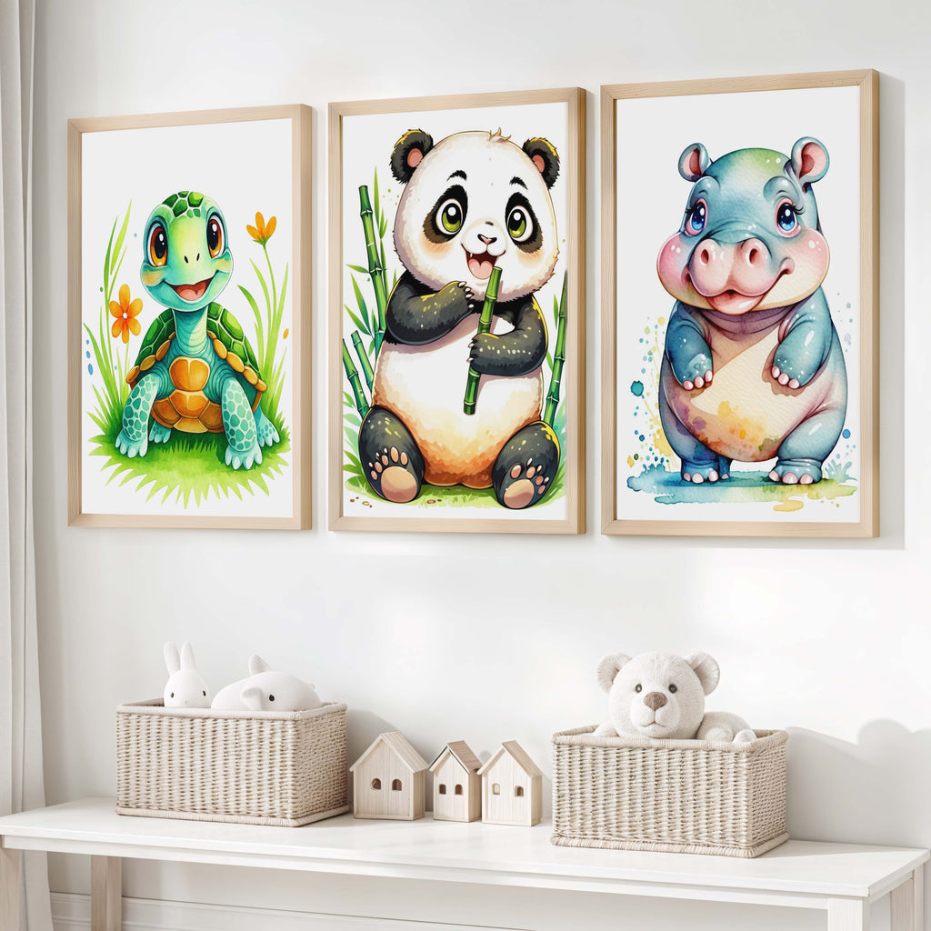Animal Nursery Decor – Turtle, Panda & Hippo Set (3 Prints)