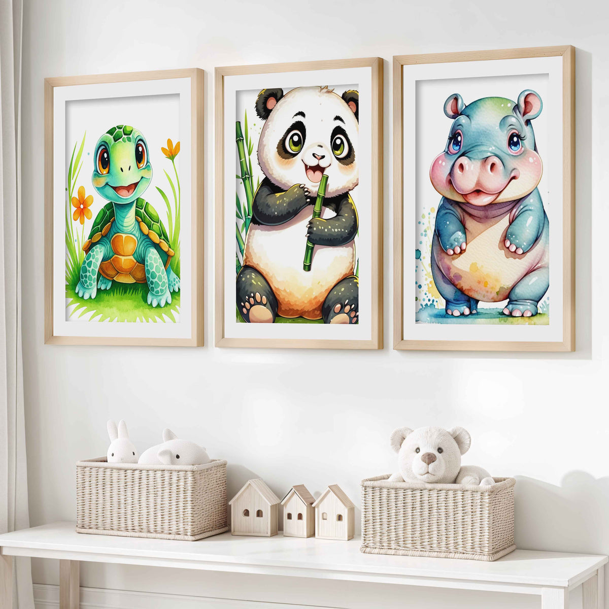 Animal Nursery Decor – Turtle, Panda & Hippo Set (3 Prints)