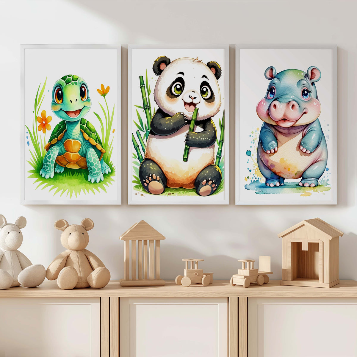 Animal Nursery Decor – Turtle, Panda & Hippo Set (3 Prints)