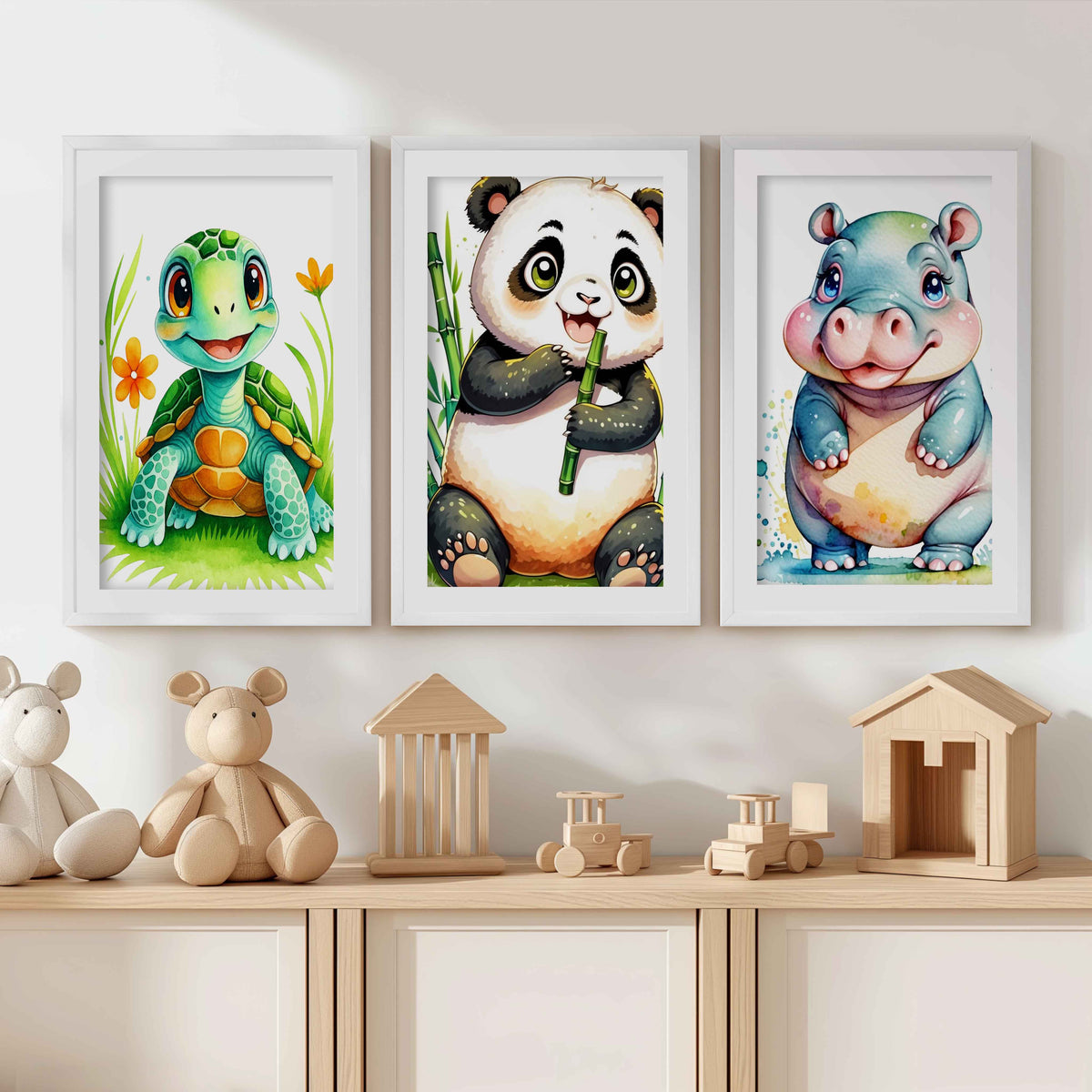 Animal Nursery Decor – Turtle, Panda & Hippo Set (3 Prints)