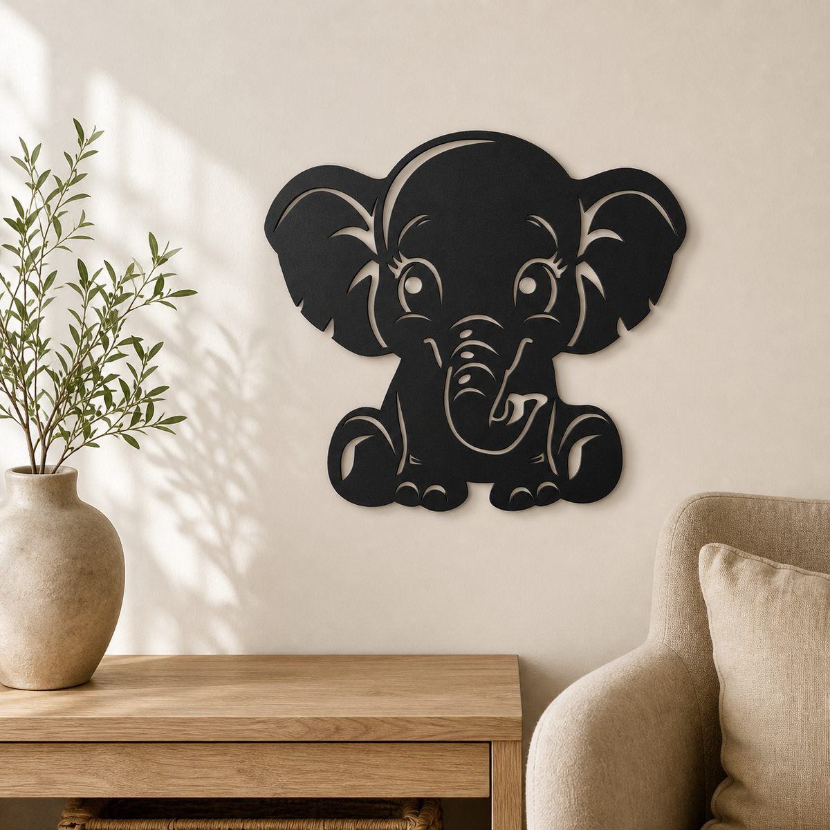 Baby Elephant Wall Art — Cute Cartoon Elephant Silhouette | 2 Sizes