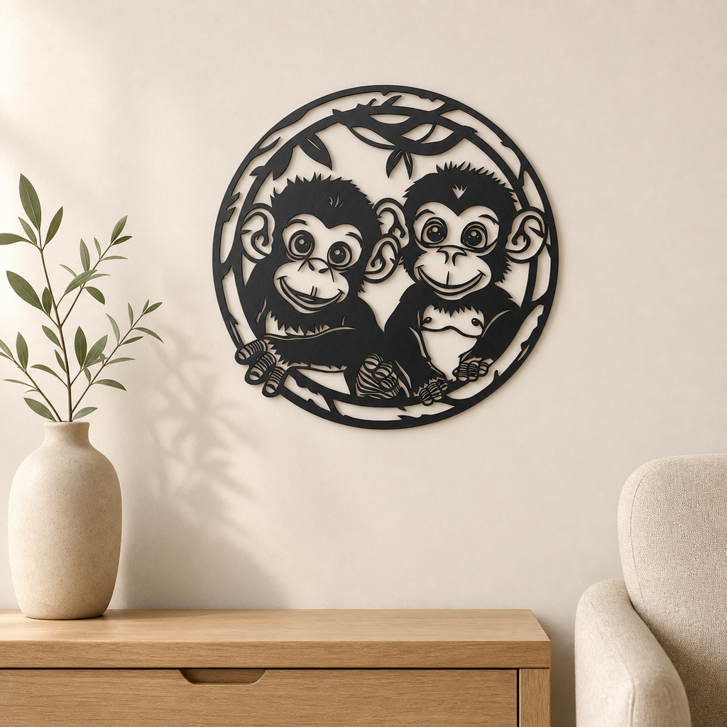 Baby Monkeys Wall Art — Jungle Vine Circle Silhouette | 2 Sizes