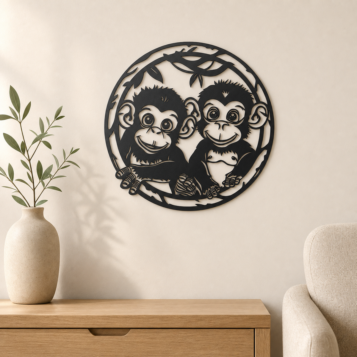 Baby Monkeys Wall Art — Jungle Vine Circle Silhouette | 2 Sizes