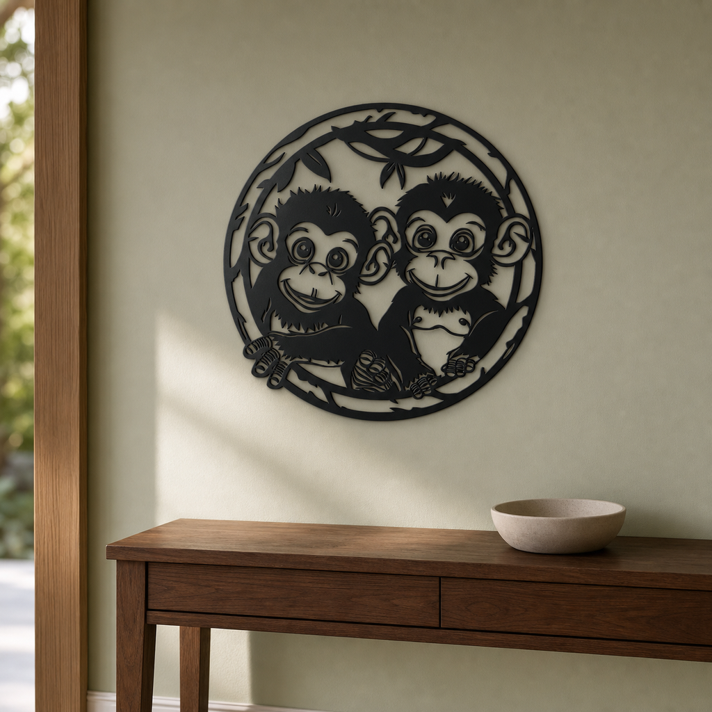 Baby Monkeys Wall Art — Jungle Vine Circle Silhouette | 2 Sizes