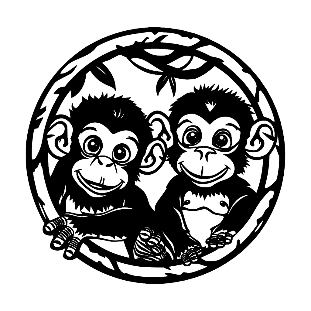 Baby Monkeys Wall Art — Jungle Vine Circle Silhouette | 2 Sizes