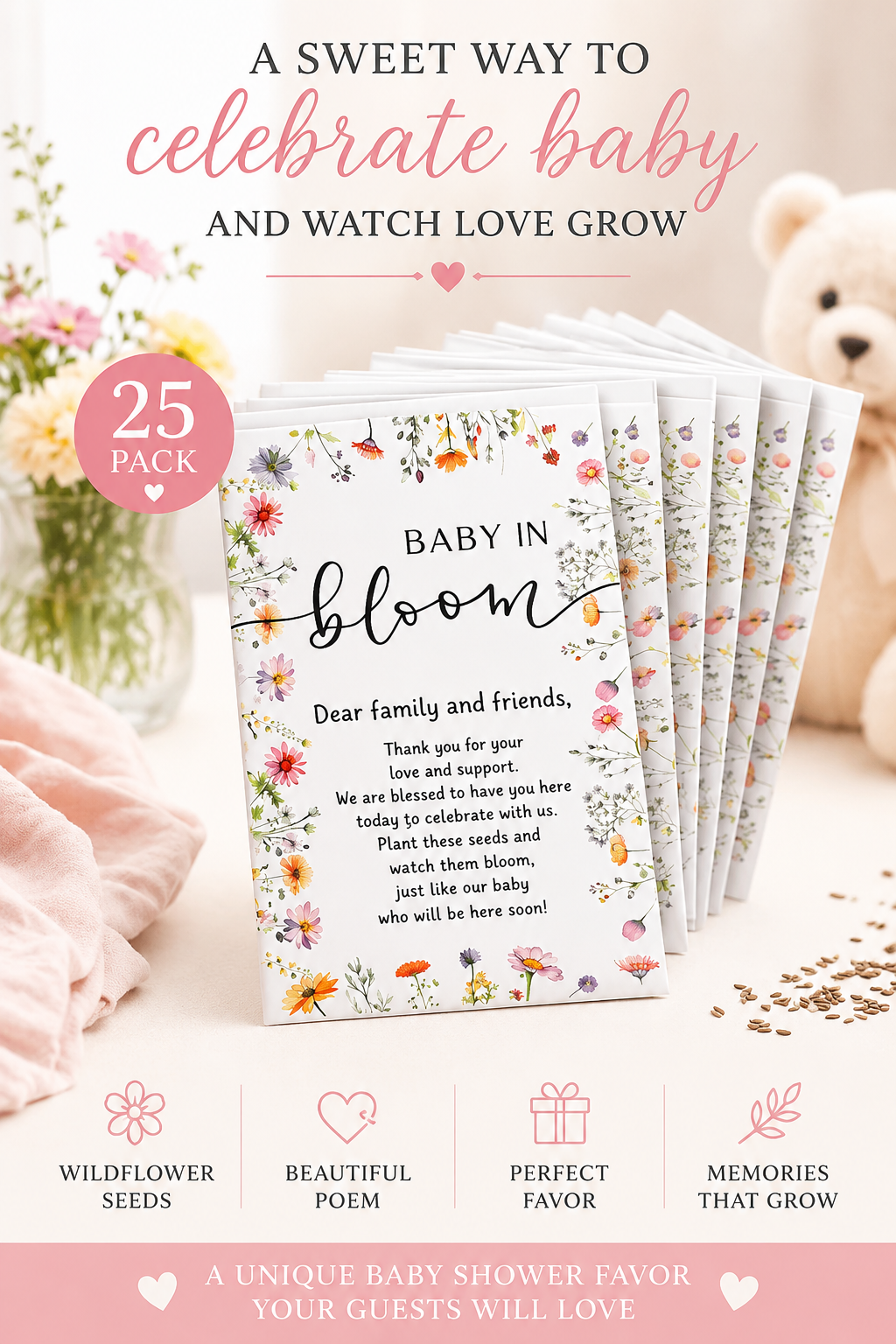 25 Pack Wildflower Seed Baby Shower Favors – Baby in Bloom Packets – Eco Friendly Party Favors