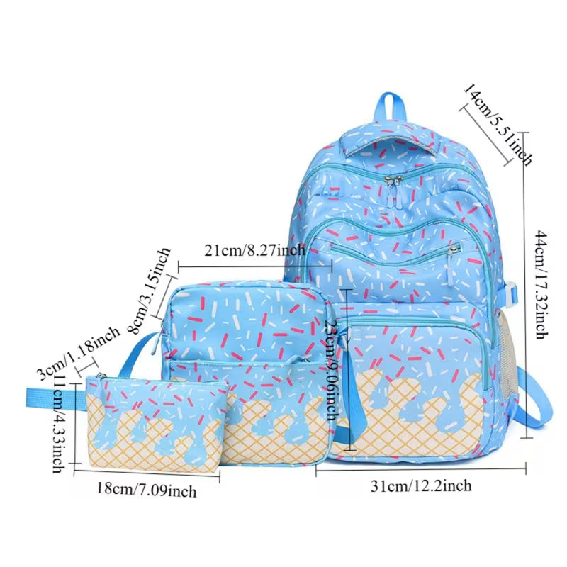 3 Piece Backpack Set with Lunch Box and Storage Bag | Ice Cream Design | Black