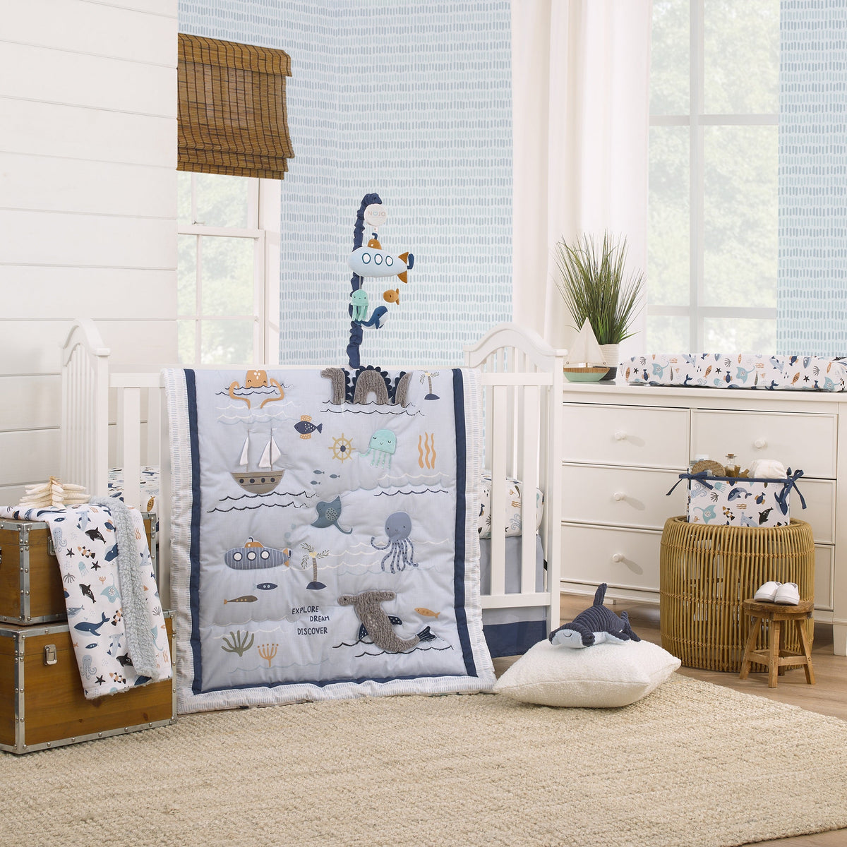 Explore Dream Discover Light Blue, Navy, and Aqua Submarine Plush Musical Mobile