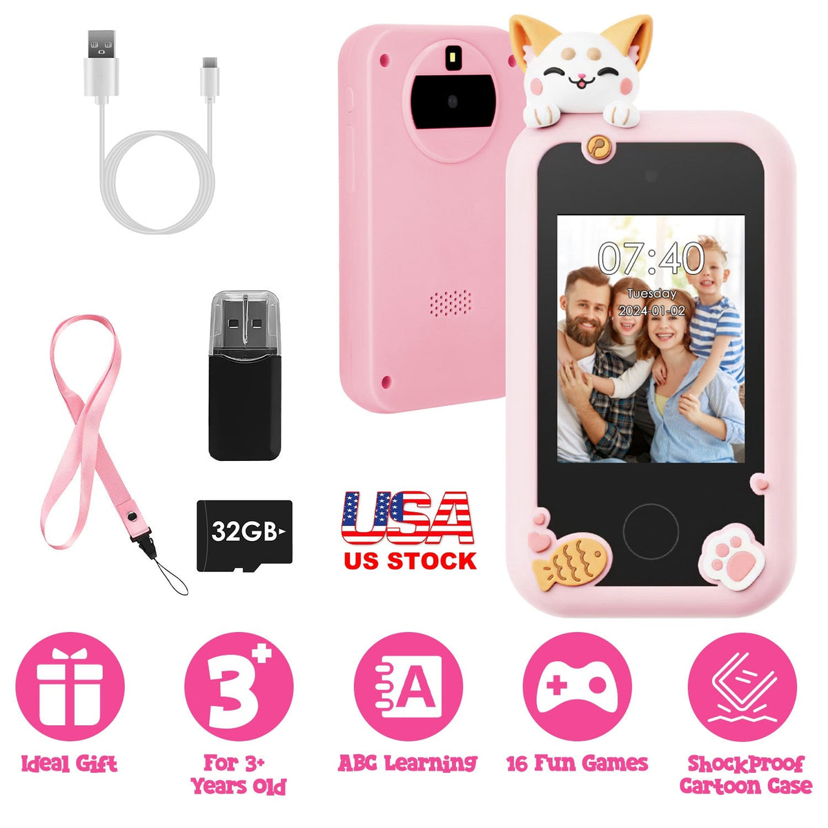 Kids Toy Smartphone Dual Camera Phone Touchscreen Learning Toy with Shockproof Cartoon Case Torch 16 Games ABC Learning for Boys Girls Aged 3+