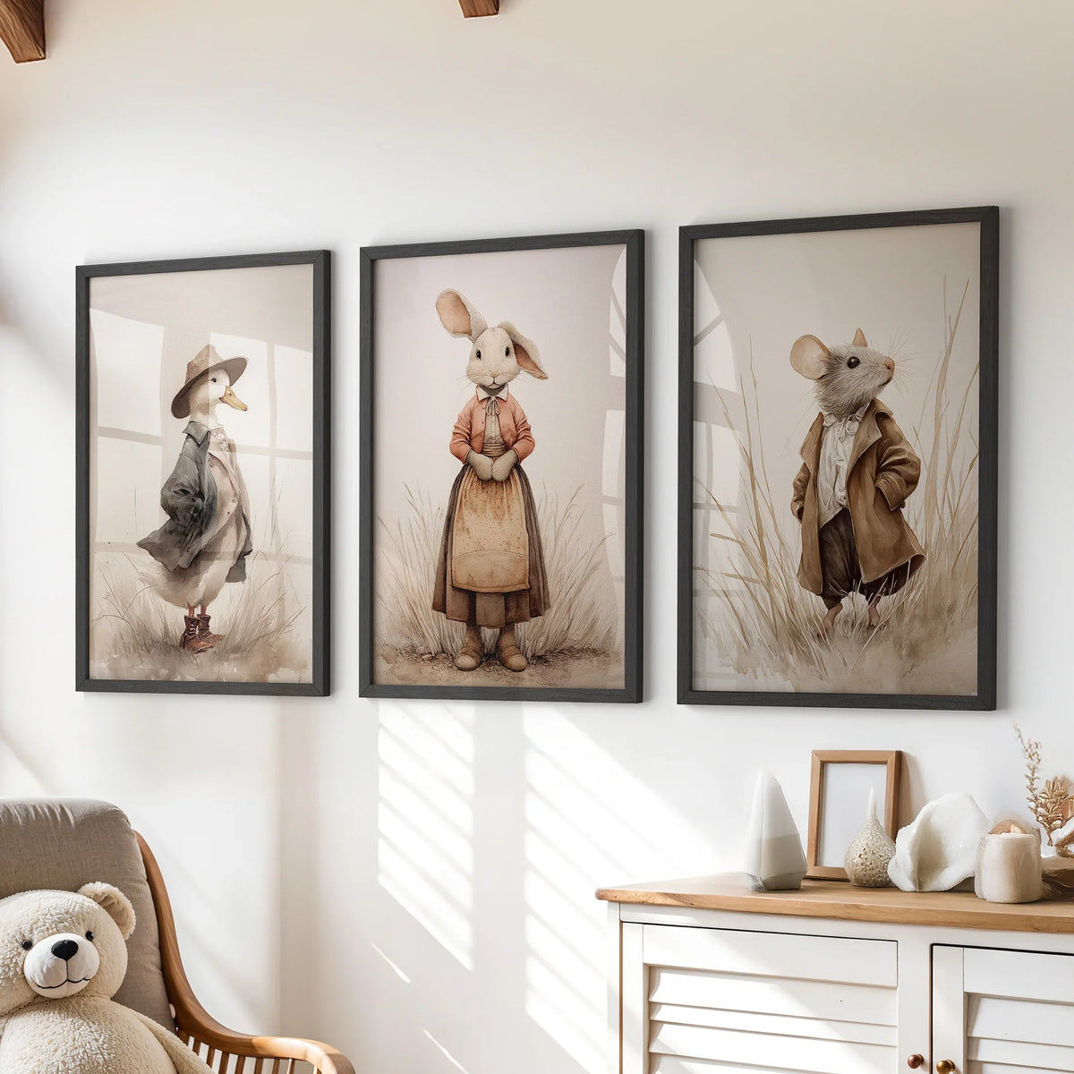 Whimsical Animal Wall Art. Dug & Mouse Set 3 Vintage Prints
