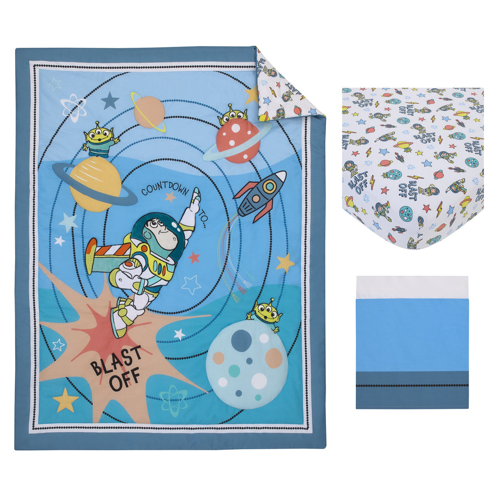Toy Story Buzz Lightyear Blue, Orange, and Yellow Countdown to Blast-Off 3 Piece Nursery Crib Bedding Set - Comforter, 100% Cotton Fitted Crib Sheet and Crib Skirt