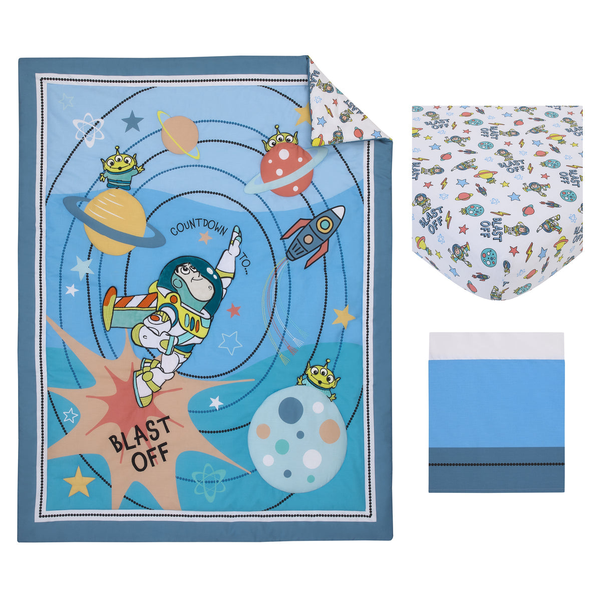 Toy Story Buzz Lightyear Blue, Orange, and Yellow Countdown to Blast-Off 3 Piece Nursery Crib Bedding Set - Comforter, 100% Cotton Fitted Crib Sheet and Crib Skirt