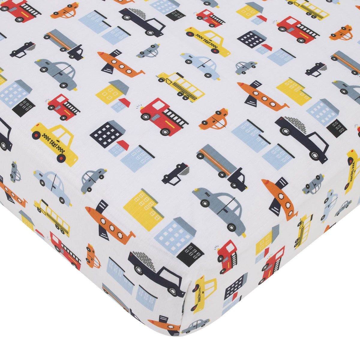 Transportation Trails Navy, Red, and Yellow Busy Cars, Trucks, Fire Engines 4 Piece Nursery Crib Bedding Set - Comforter, 100% Cotton Fitted Crib Sheet, Crib Skirt, and Nursery Organizer