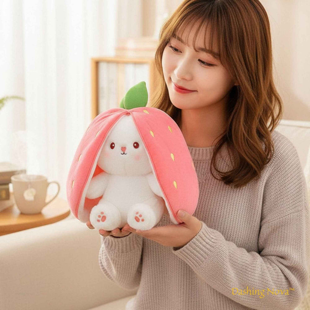 Reversible Strawberry Bunny Plush Toy Soft Polyester Kids Easter Basket Stuffer Gift Birthday Surprise for Girls and Boys